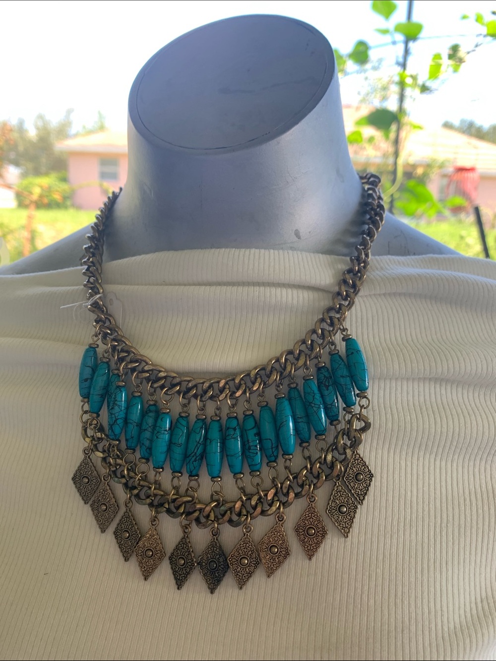 Turquoise Bead Statement Necklace - Blue Layered Bib Chain